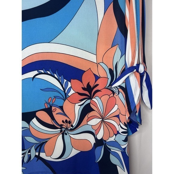 Susan Graver Top Size 1X Liquid Knit Tie Sleeve Tropical Resort Blue Coral - Picture 3 of 7